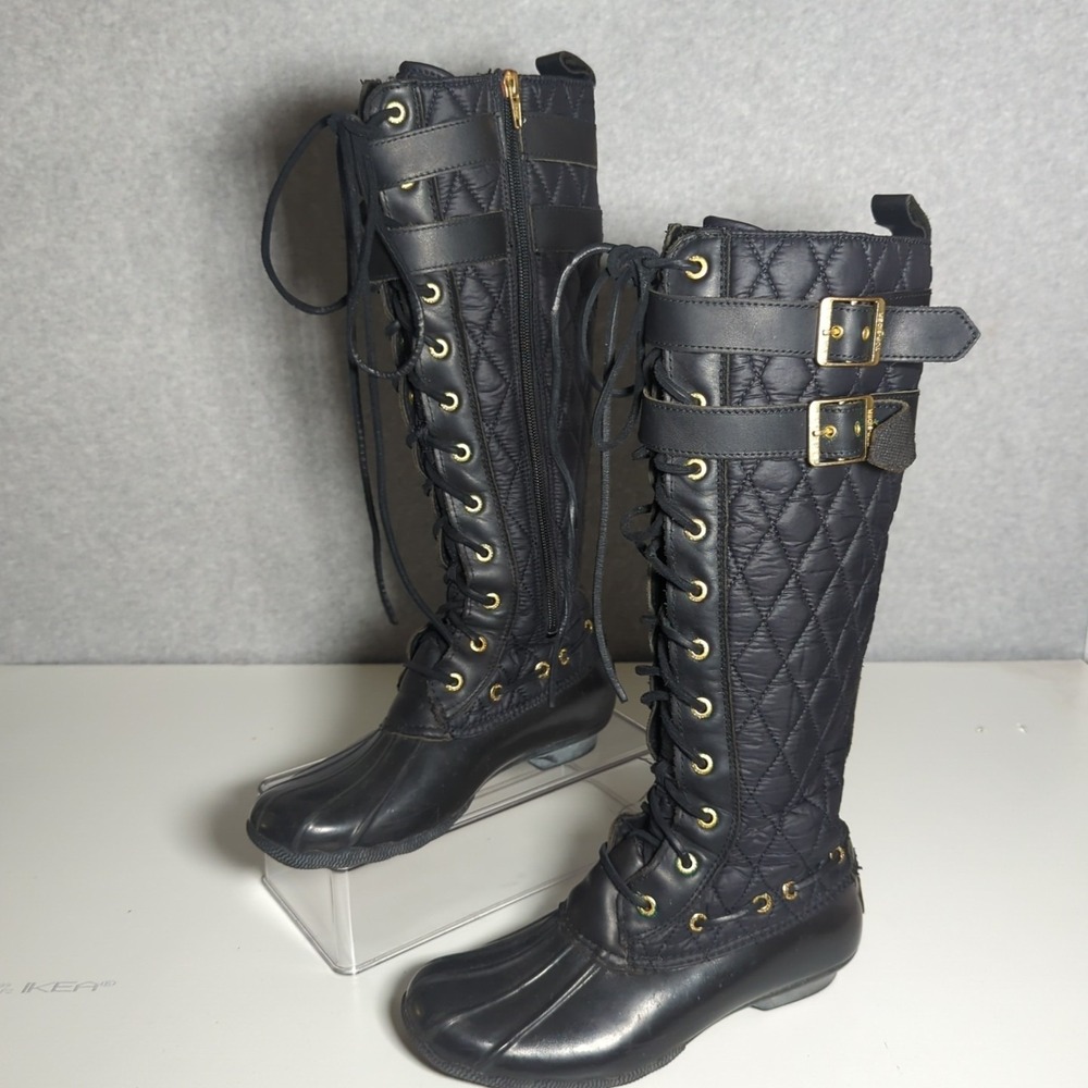Sperry Topsider ALBATROSS Quilted Knee High Boots Gold Rivert Buckle Womens 6.5